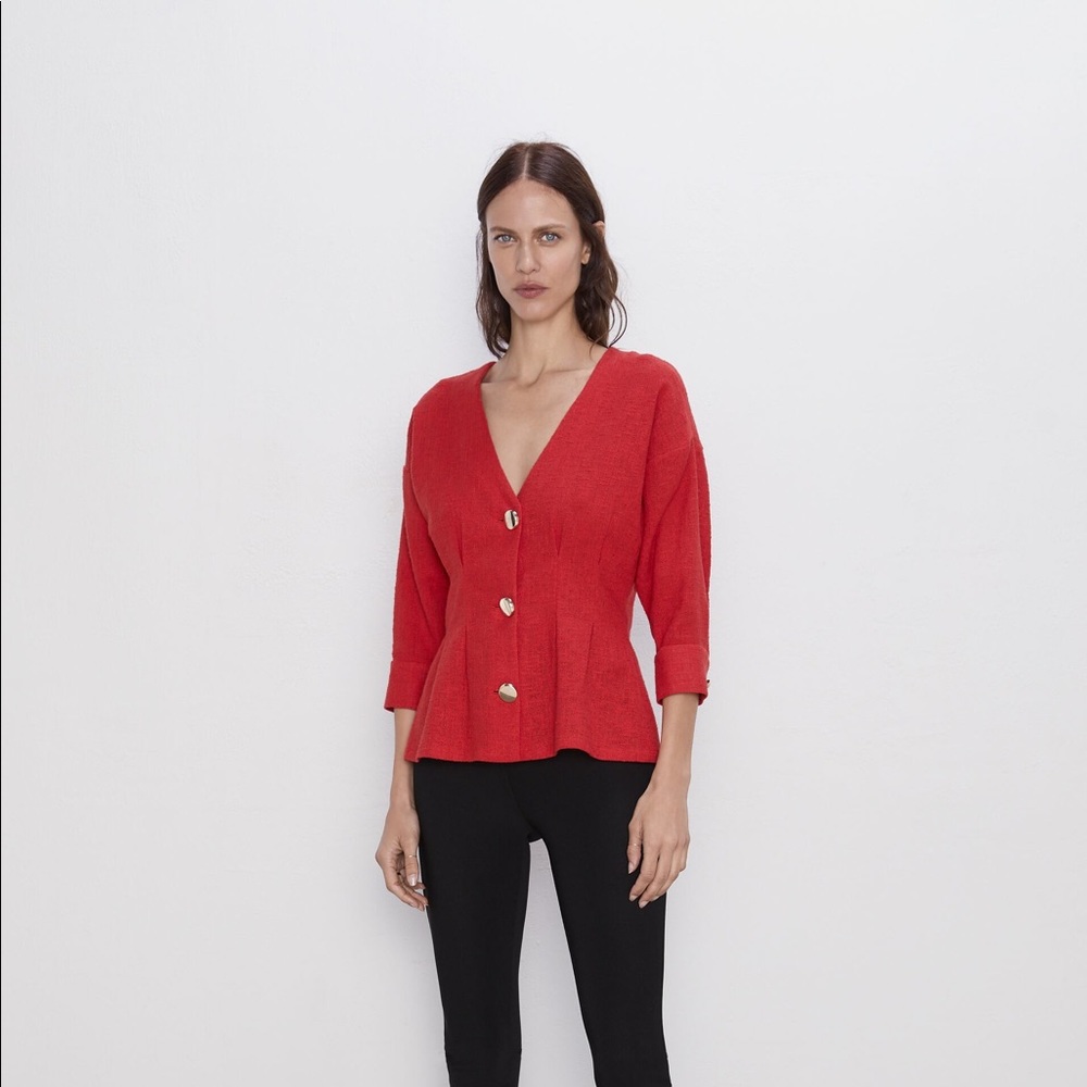 Zara red textured button up top